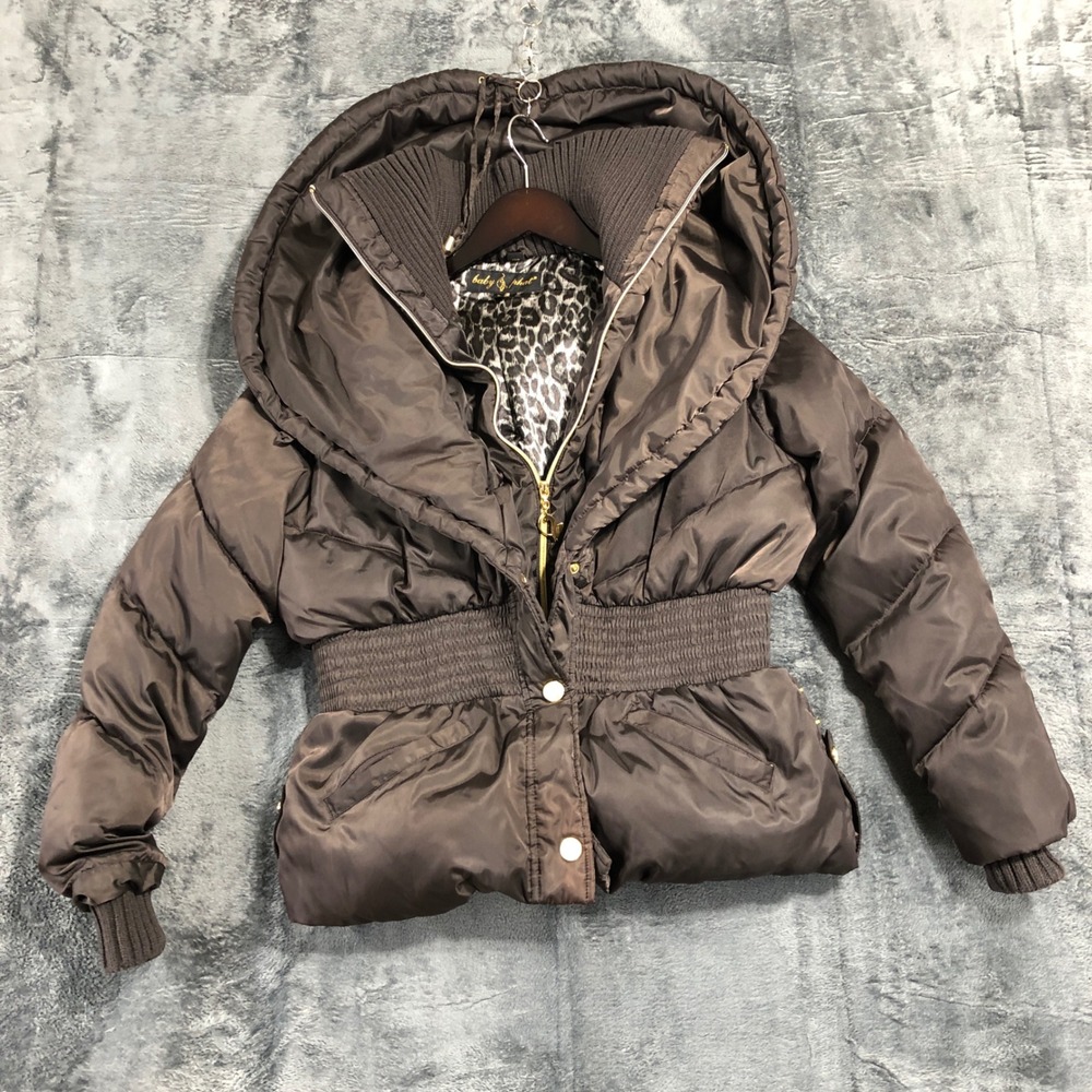 Baby Phat Vintage Y2K Brown Puffer Jacket Leopard Lining‎ Large Hood 292-092793